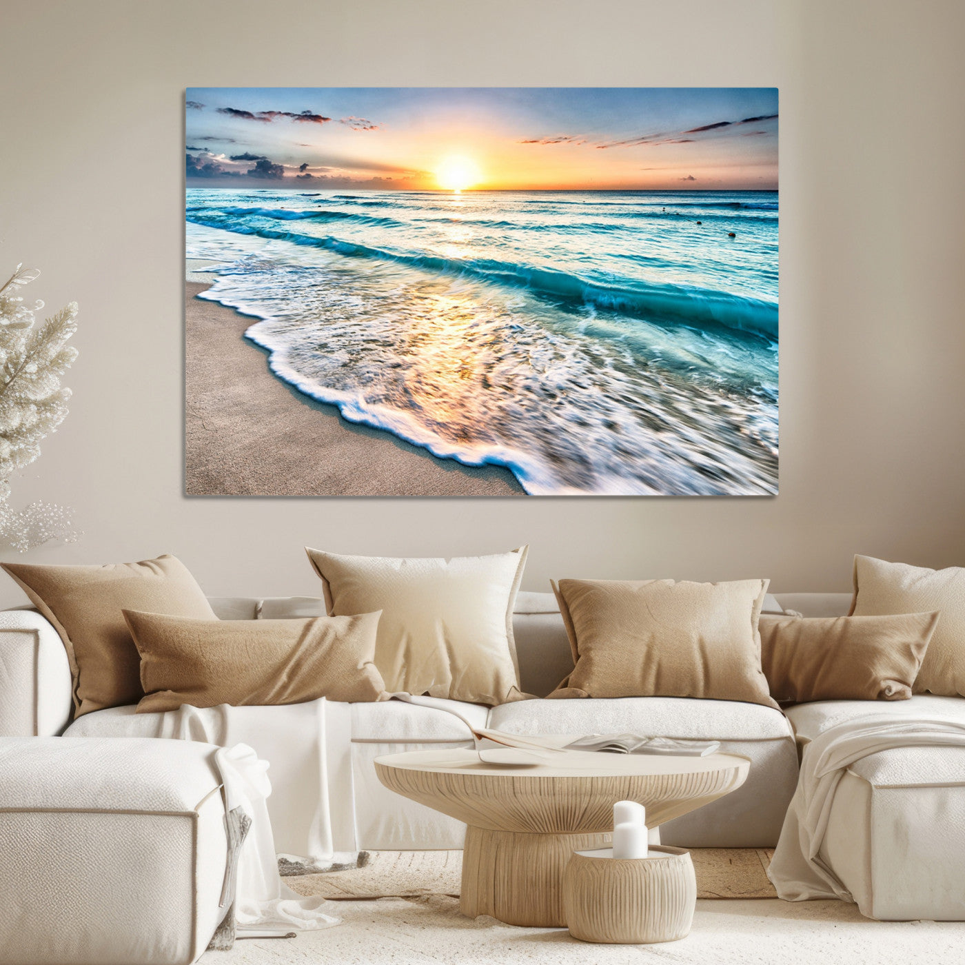 27815-MGV-CV-36X24-Sunset Beach Waves Canvas Wall Art – 5-Panel Ocean Sunset Print – Coastal Decor for Living Room or Bedroom – Ready to Hang