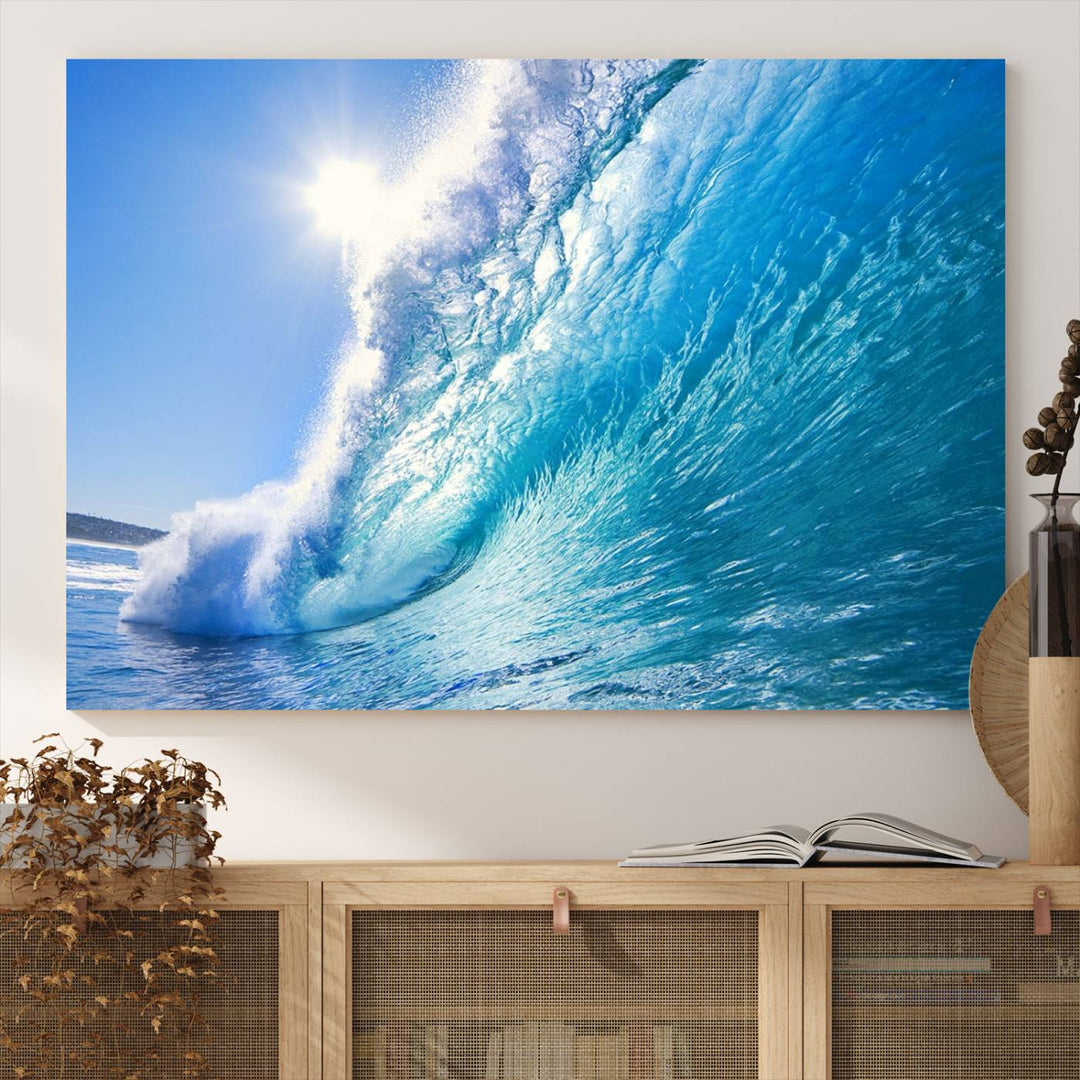 Blue Big Wave Surf Ocean Canvas Wall Art Artwork Print, Art mural de plage, Art de mur de mer