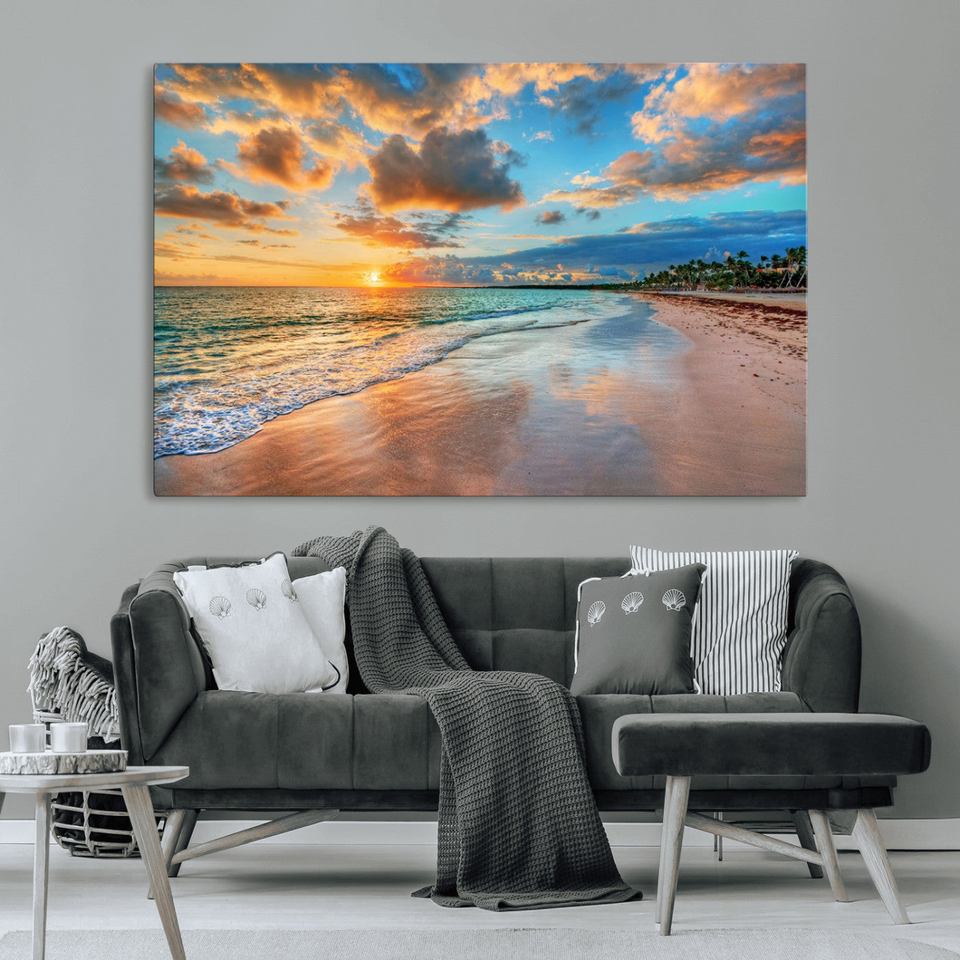 MGV-CV-36X24 - Sunset Ocean Waves on Tropical Beach, 3-Panel Giclee Canvas Art for Coastal Home Decor, Vibrant Palm-Lined Shore