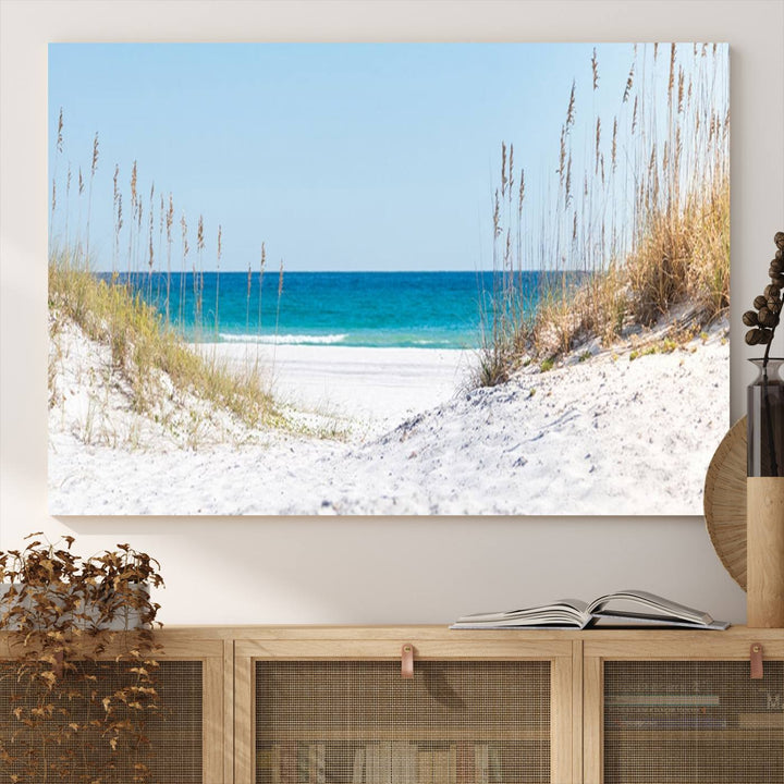 Serene Coastal Dune Path with Ocean View, 3-Panel Beach Canvas Art; tranquil seascape for coastal decor.