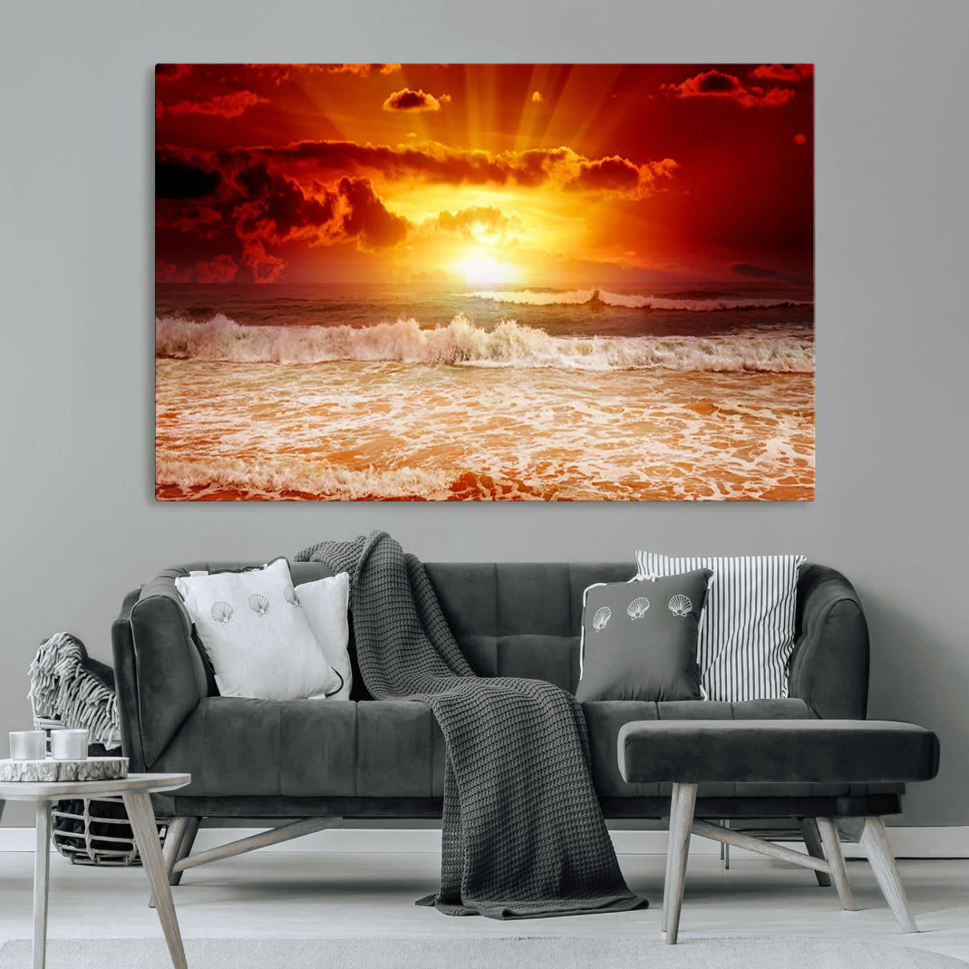 MGV-CV-36X24 - Red Sunset Ocean Beach Canvas Wall Art Beach Canvas, Coastal Sunset Print