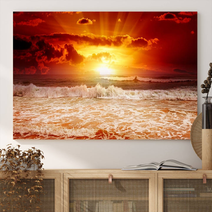 The Red Sunset Ocean Beach Canvas depicts ocean waves.