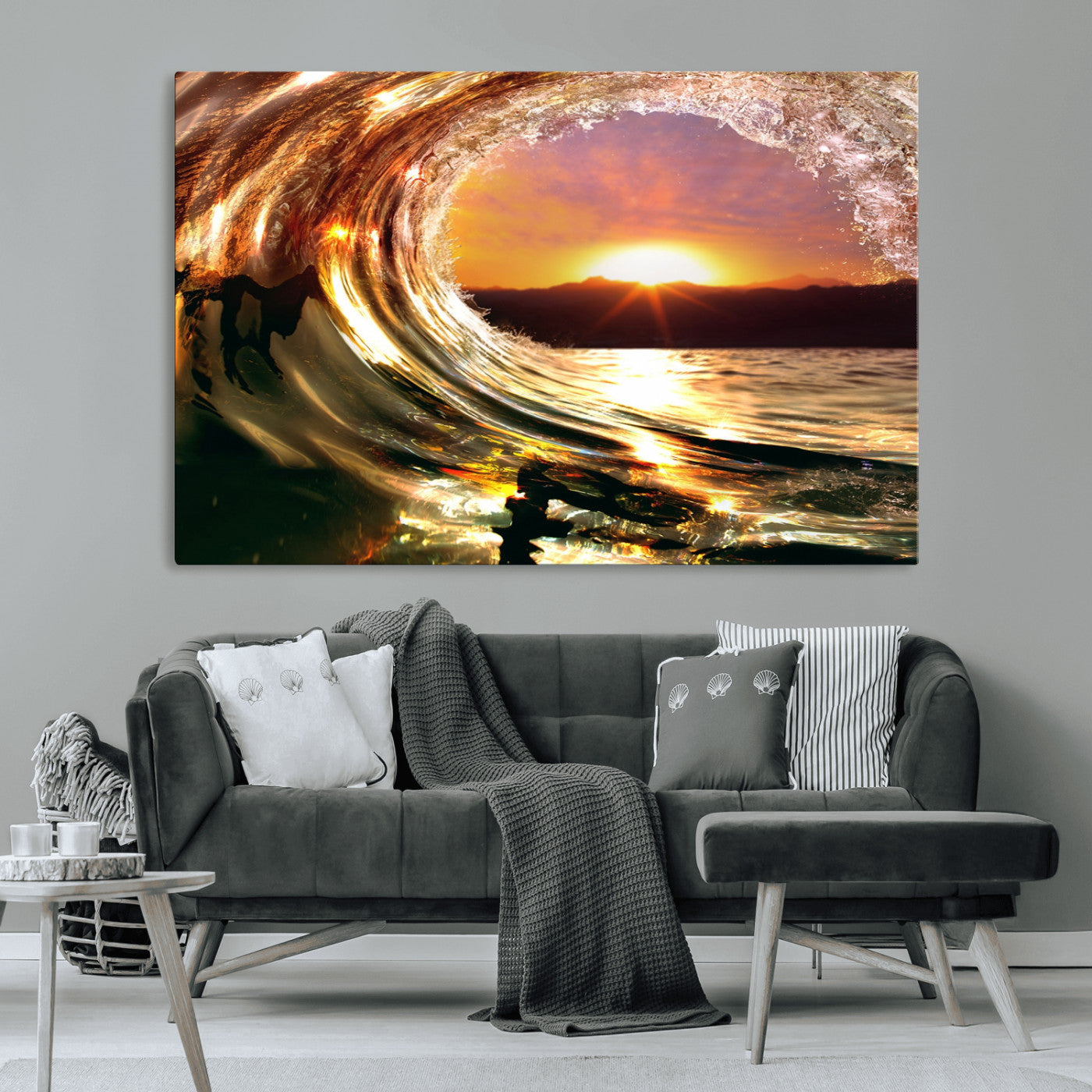 MGV-CV-36X24 - Golden Wave Sunset Triptych Canvas Art, Giclee Canvas Print of Ocean Wave and Sunset, Canon Print Quality with Gallery Wrap