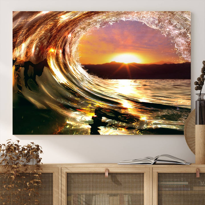 The Golden Wave Sunset Triptych Canvas Art showcases an ocean wave at sunset, casting warm light.