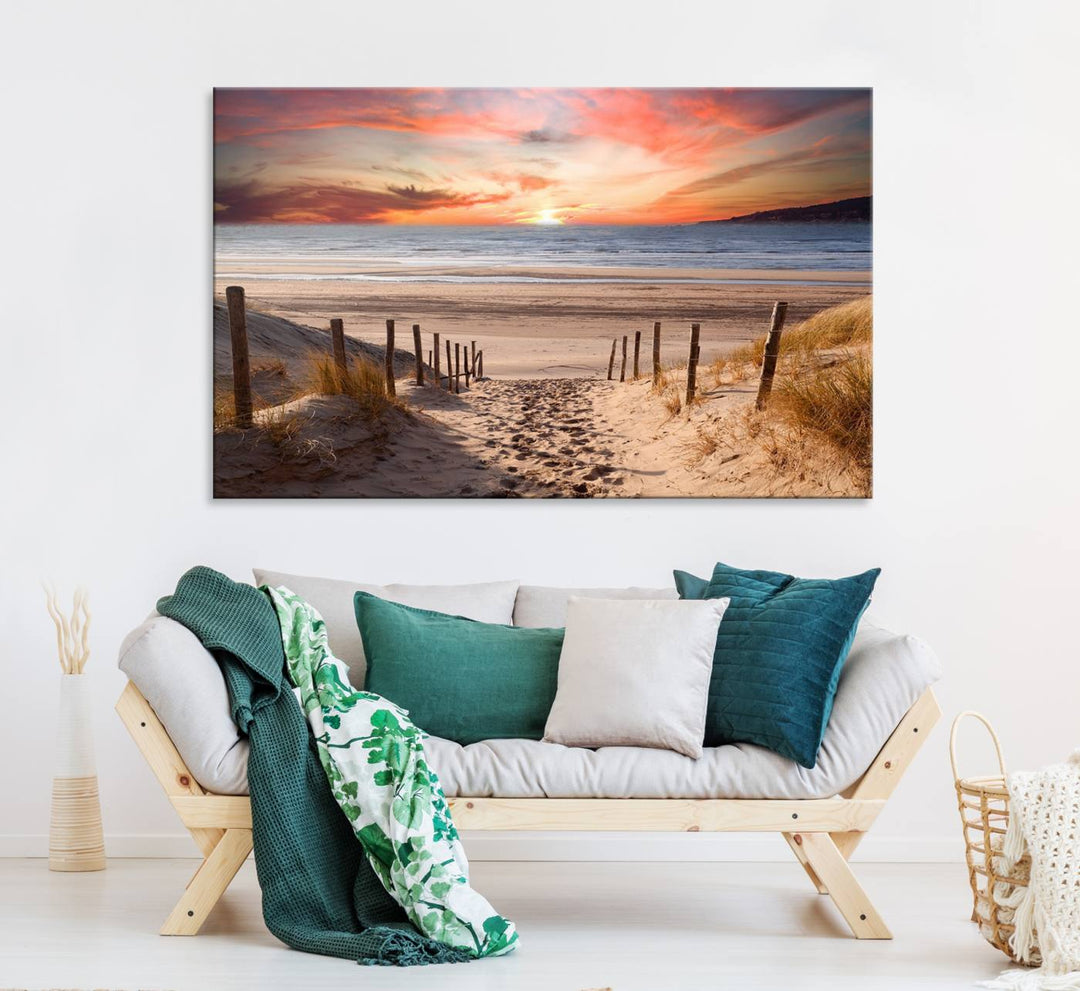 The Sunset on the Sea Wall Art Canvas Print beautifully captures a beach sunset and waves, enhanced with a UV-protective coating.