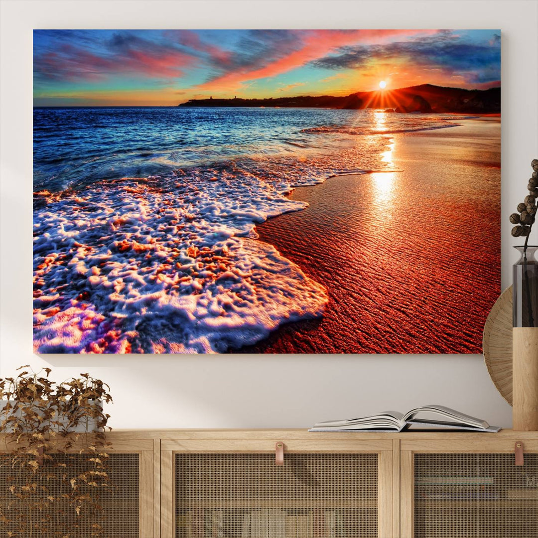 The Colorful Coastal Sunset on the Beach canvas print portrays ocean waves at dusk.