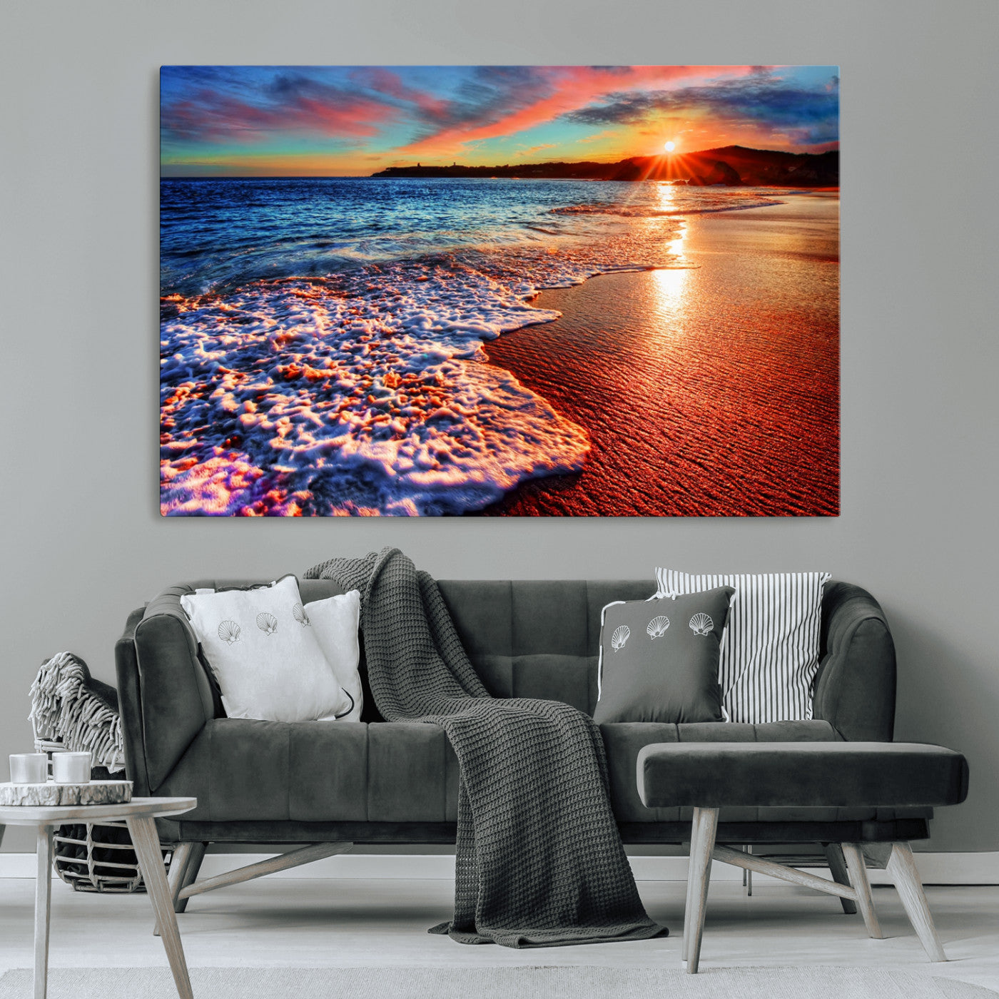 MGV-CV-36X24 - Colorful Coastal Sunset on the Beach Canvas Print, Ocean Waves Crashing at Dusk, Multi-Panel Seascape Vibrant Coastal Wall Art Canvas Print