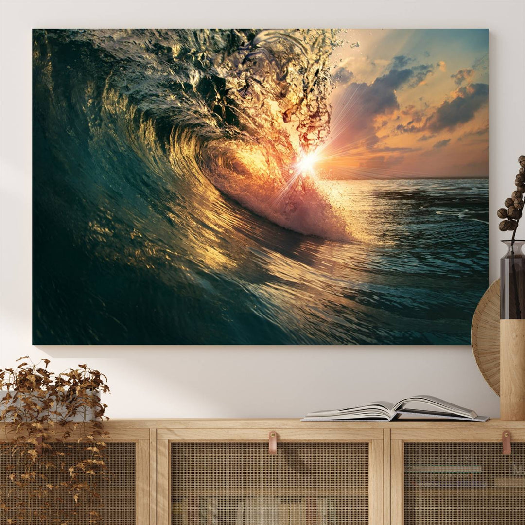 A triptych seascape titled Ocean Wave Sunset Canvas, featuring a stunning ocean view at sunset, is beautifully framed and ready to hang.