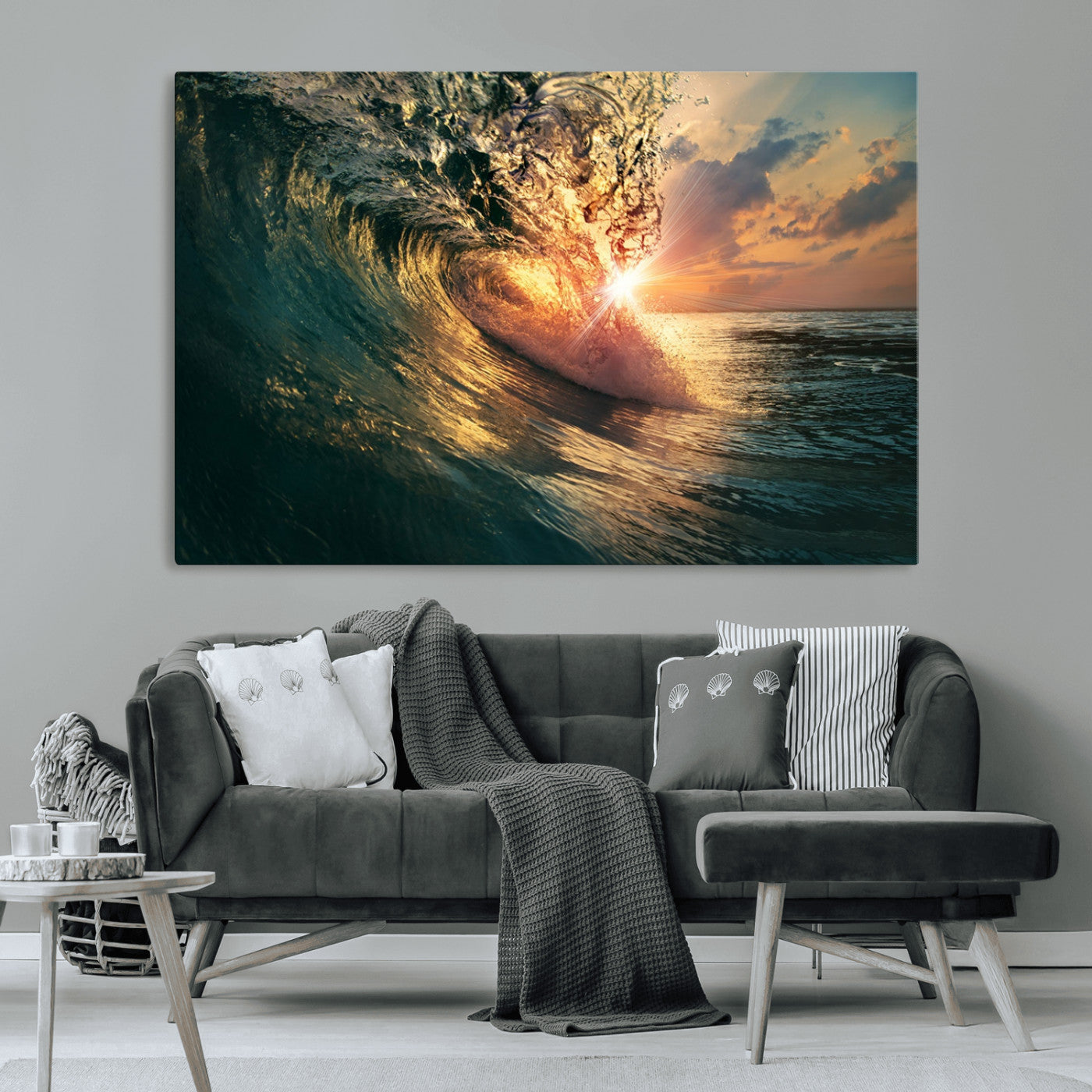 MGV-CV-36X24 - Ocean Wave Sunset Canvas Wall Art – Triptych Seascape Print – Framed and Ready to Hang for Living Room or Office