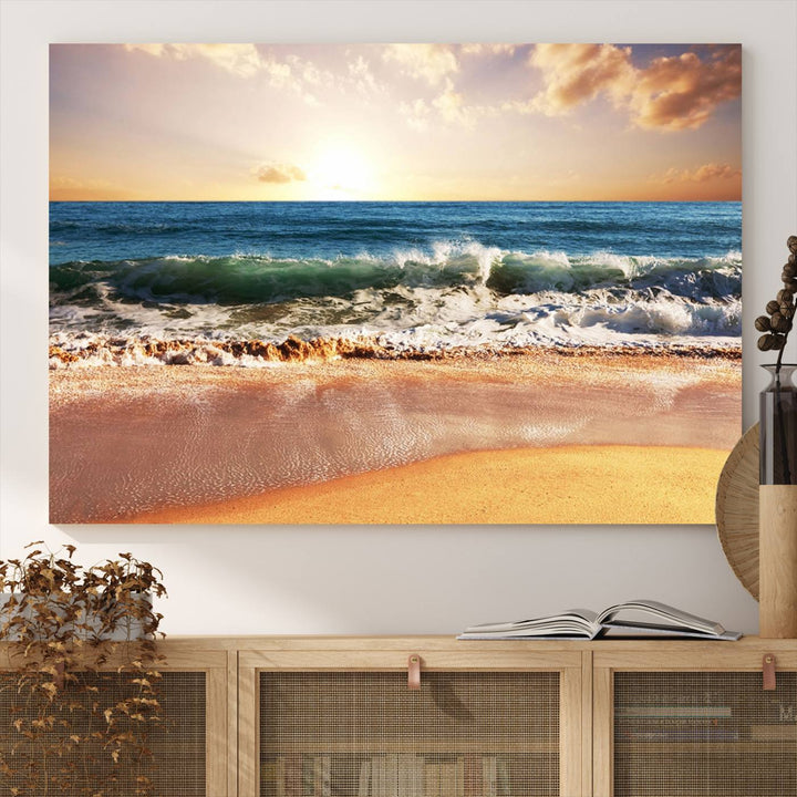 The wall features a Canon-quality Serene Beach Path canvas giclee print, depicting coastal dunes.