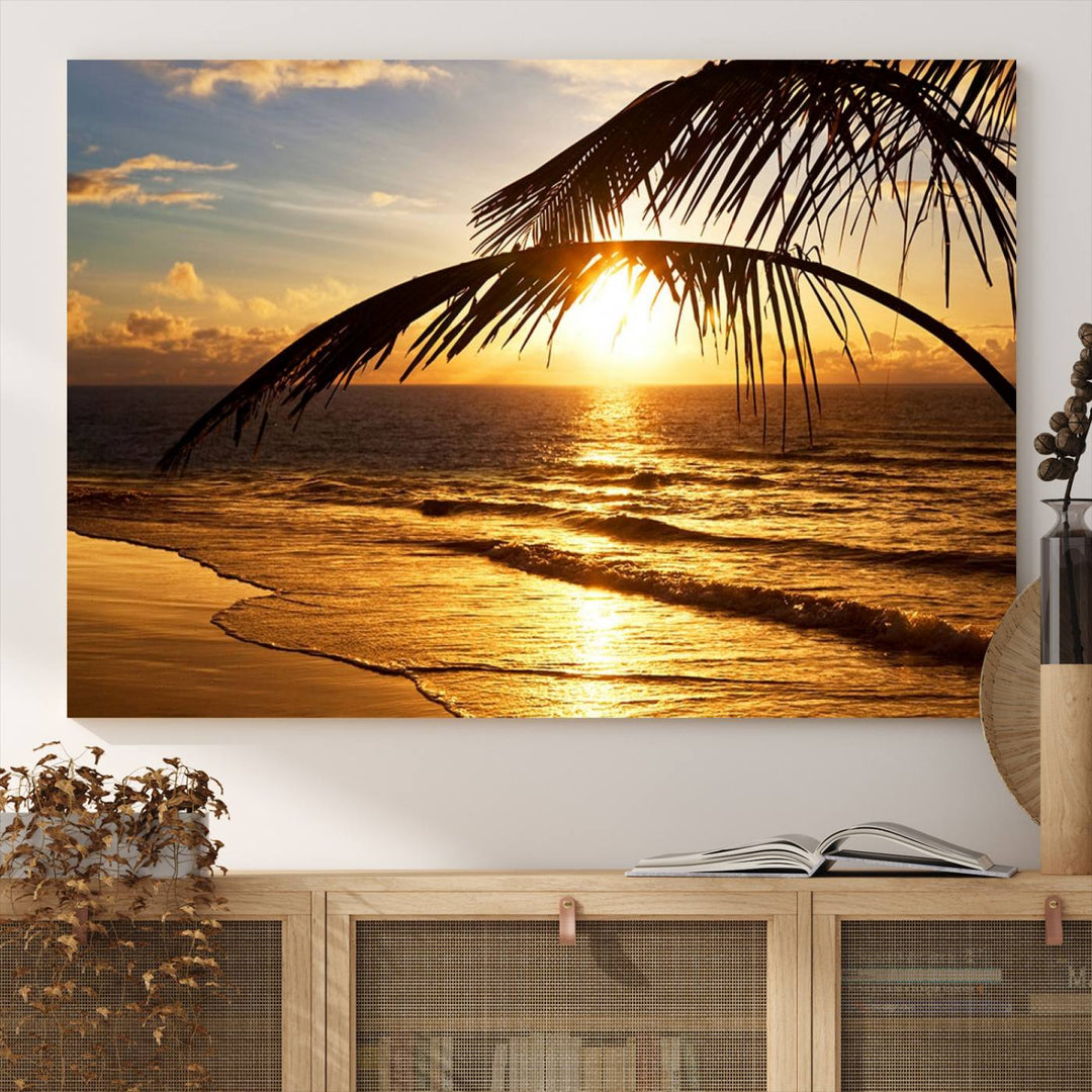 Golden Tropical Beach Sunset Canvas Triptych: Coastal Palm Art & Giclee Print with Gallery Wrap, capturing golden waves.