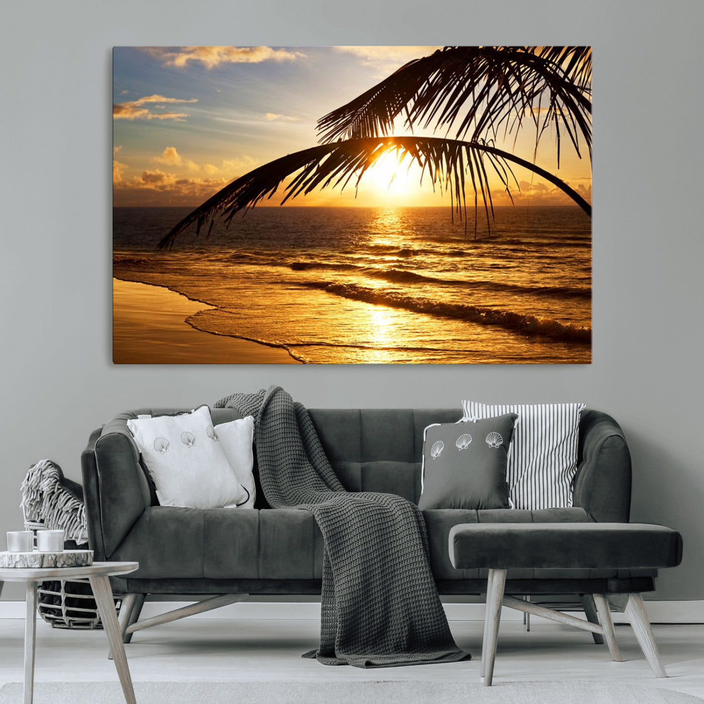 MGV-CV-36X24 - Golden Tropical Beach Sunset Canvas Triptych, Coastal Palm Tree Wall Art, Ocean Shoreline Giclee Print with Gallery Wrap