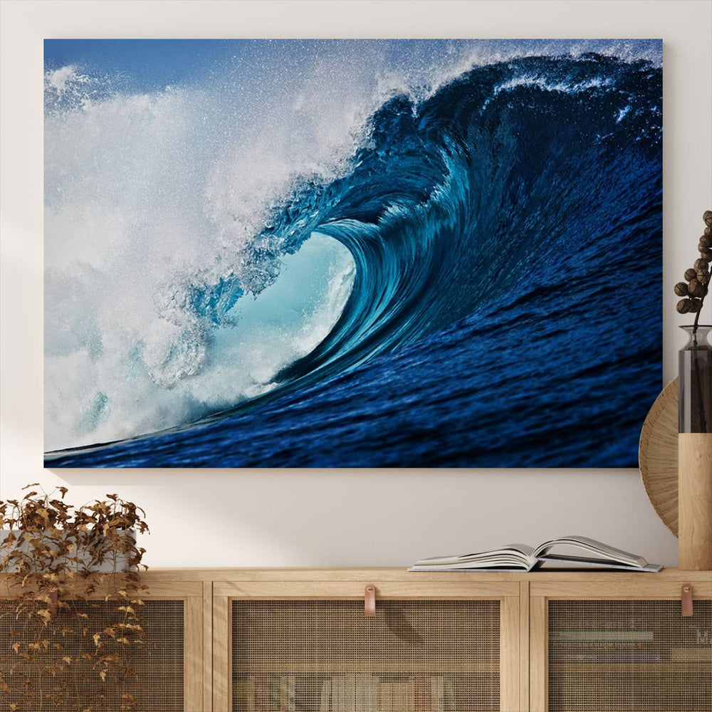 Ocean Wave at Sunset Canvas: A vibrant coastal art piece perfect for modern minimalist decor.