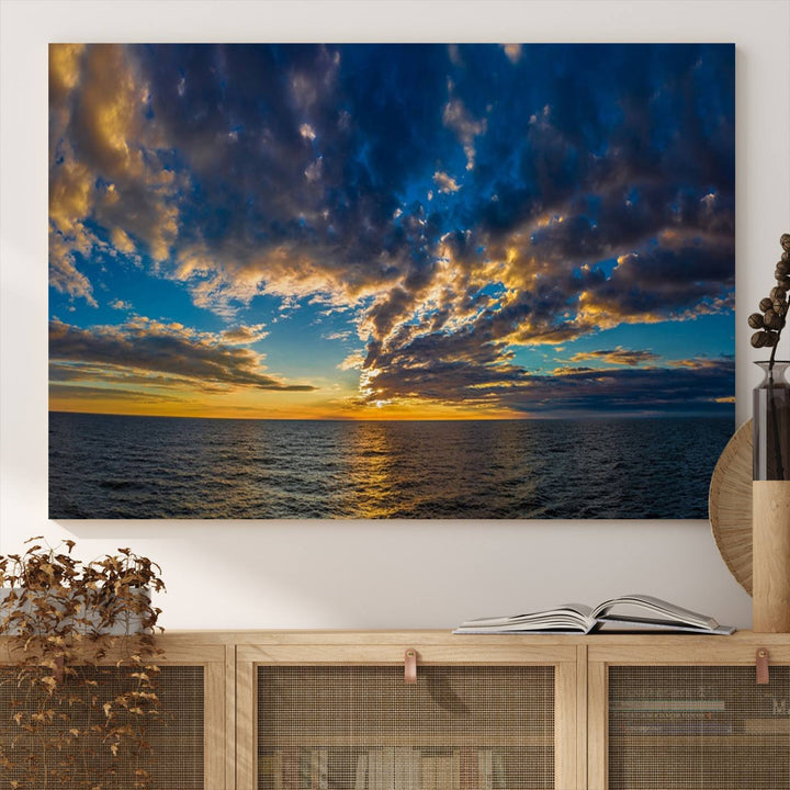 Dramatic Ocean Sunset Canvas Art, Panoramic Seascape Wall Art, Giclee Canvas Print with Canon Quality for Coastal Decor