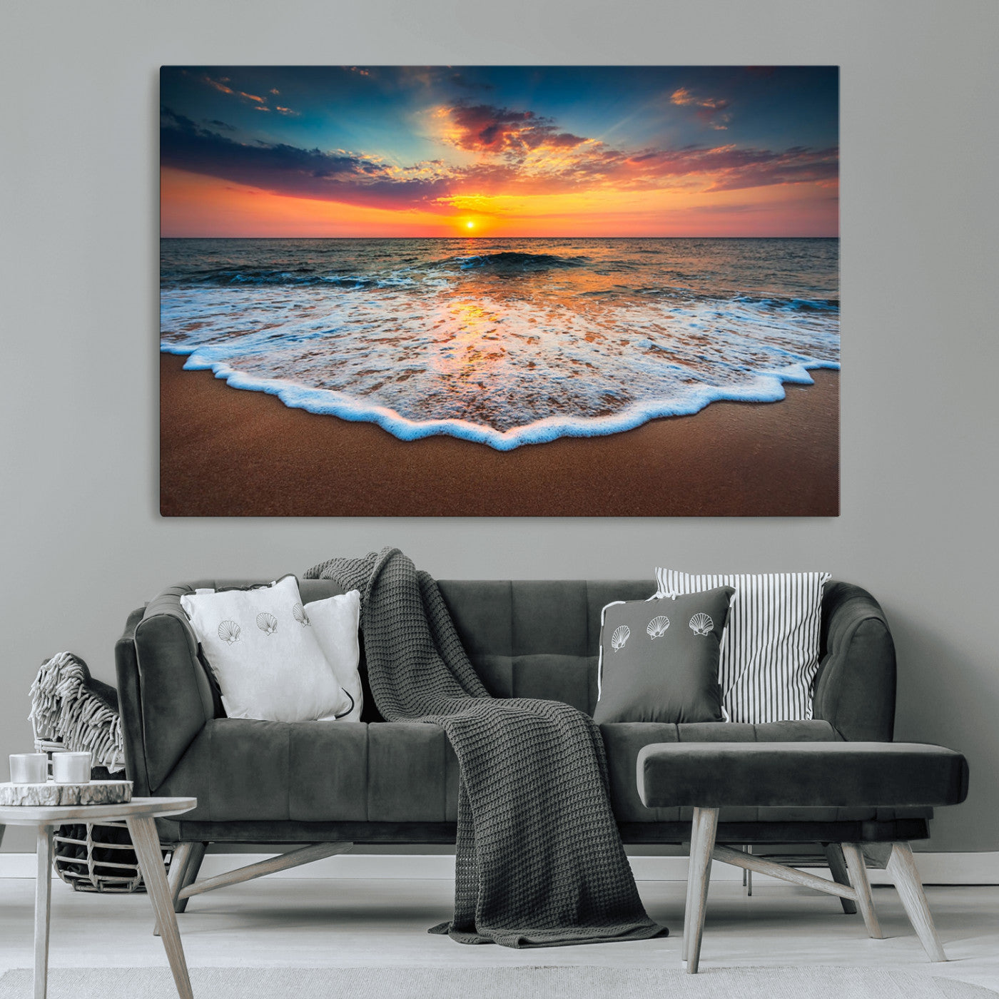 MGV-CV-36X24 - Sunset Beach Canvas Wall Art – Colorful Ocean Waves Triptych – Coastal Decor for Living Room or Bedroom – Framed and Ready to Hang