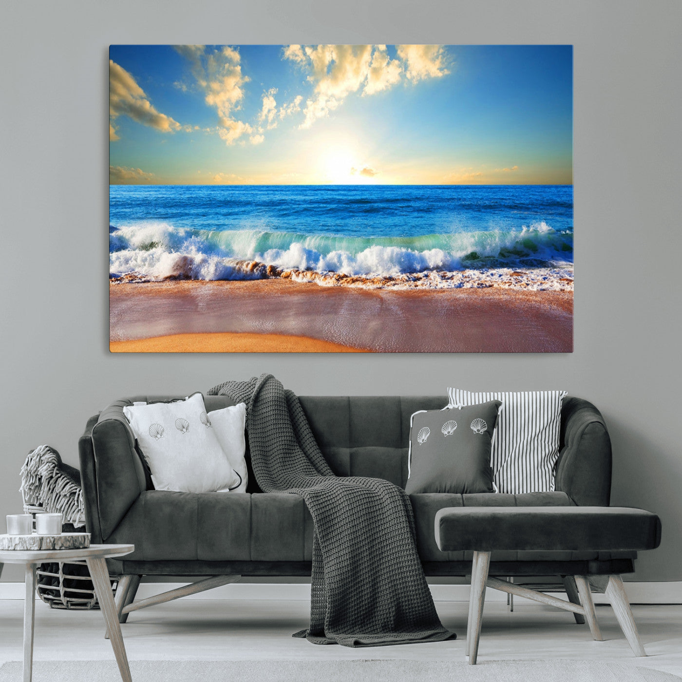 MGV-CV-36X24 - Tropical Beach Sunset Canvas Art, Ocean Waves and Sandy Shoreline Wall Art, Large Beach Decor for Coastal Homes