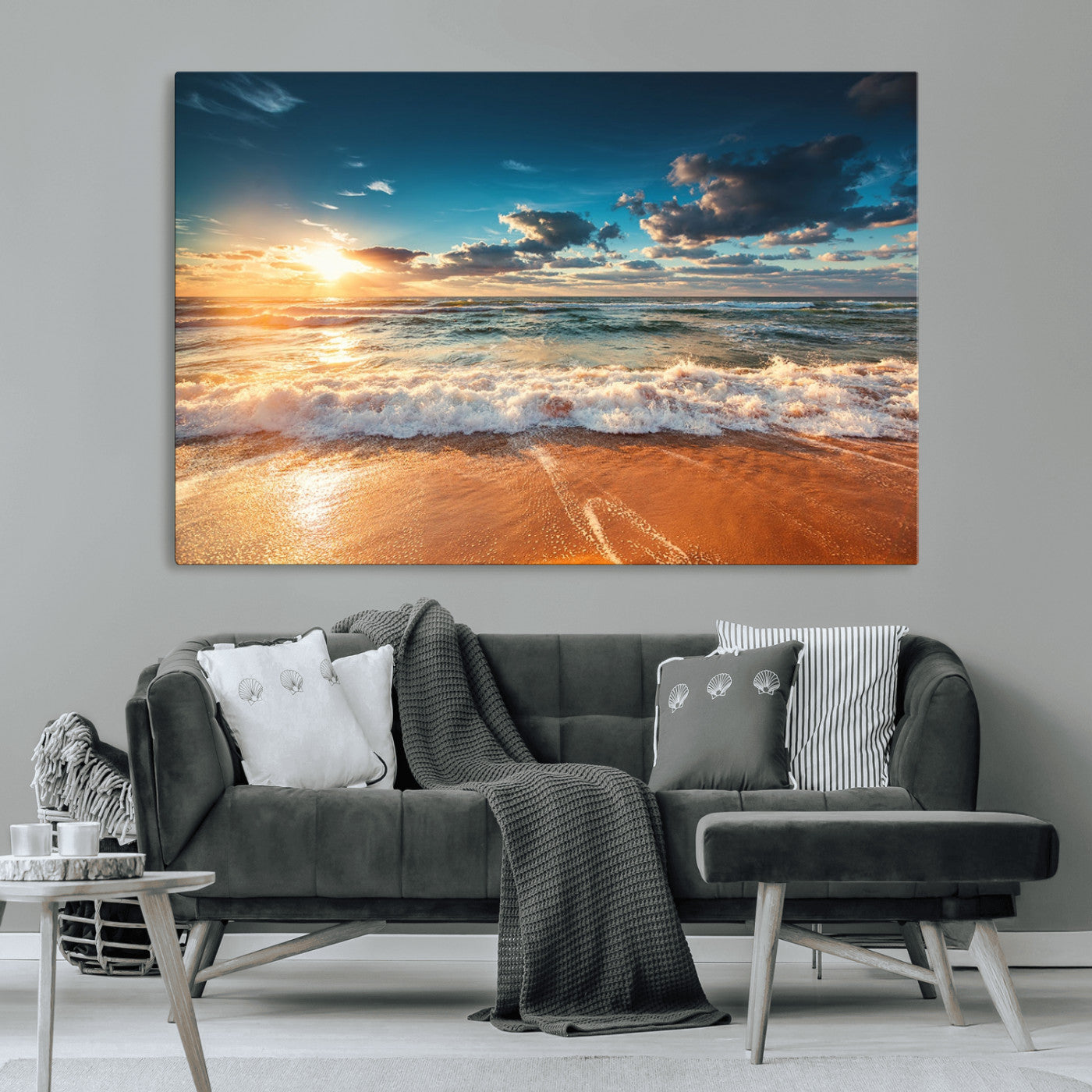 MGV-CV-36X24 - Golden Sunset Beach Triptych Canvas Art, Giclee Coastal Wall Decor, Ocean Waves Print, Modern Beach Scene for Home or Office