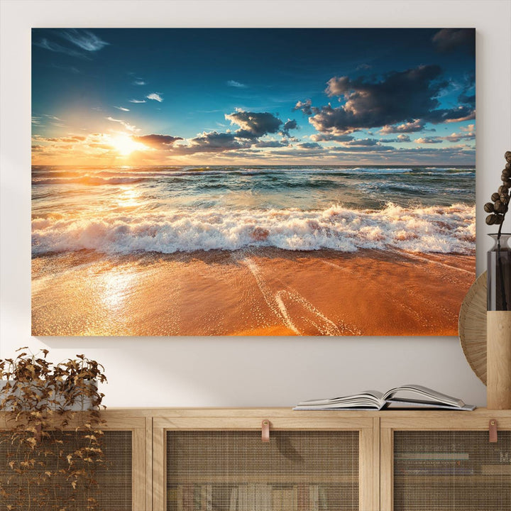 A Golden Sunset Beach Triptych Canvas Art hangs on a white wall.