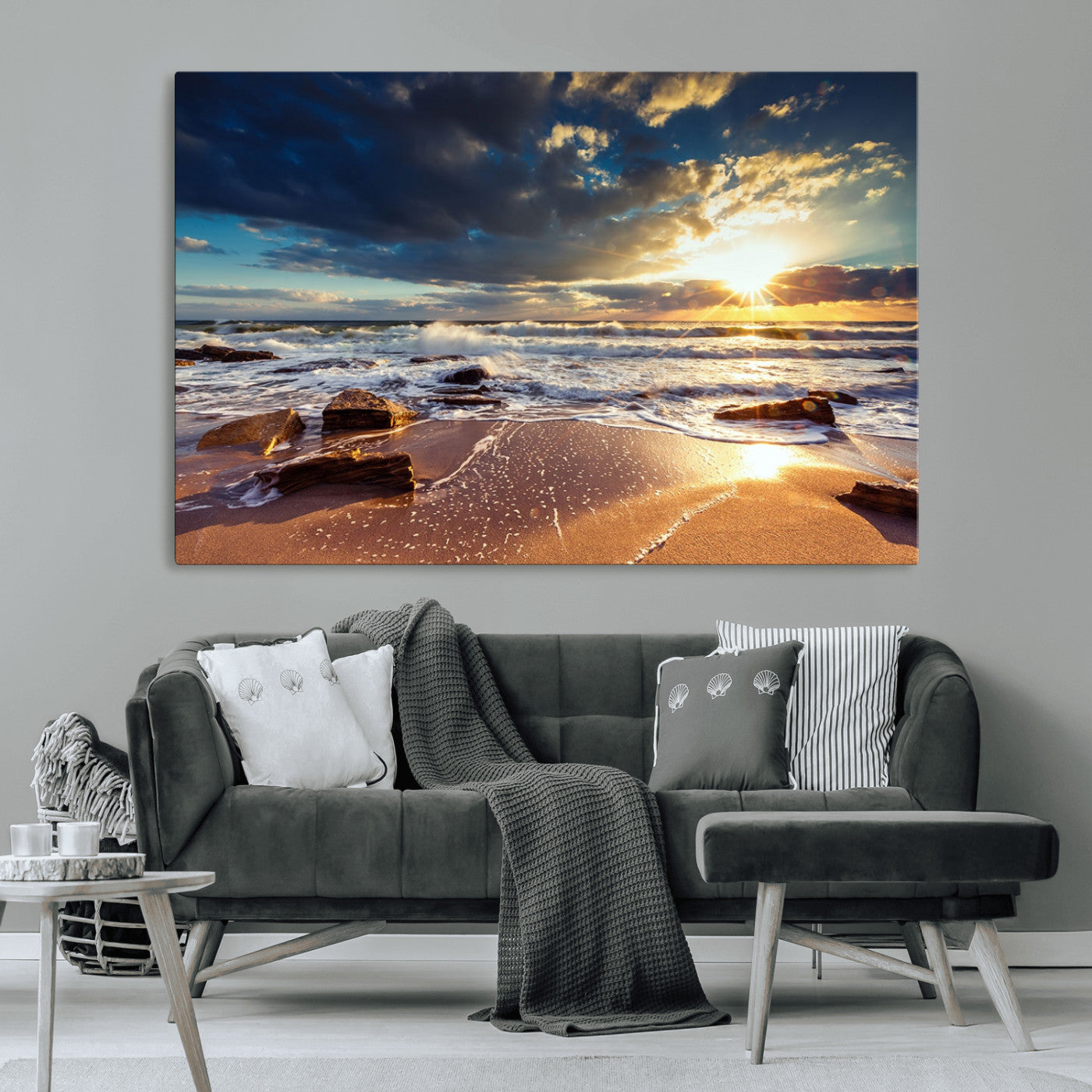 MGV-CV-36X24 - Golden Hour Beach Sunset Canvas Triptych, Ocean Waves and Rocks Wall Art for Coastal Home Decor