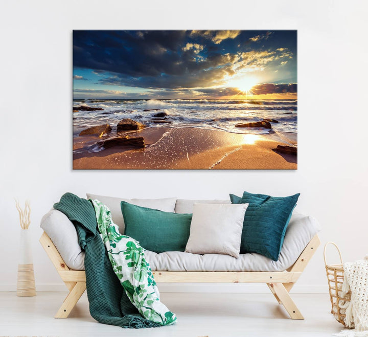 The Golden Hour Beach Sunset triptych adorns the wall with its captivating imagery.