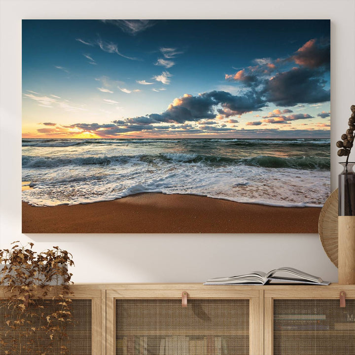 Ocean Beach Wall Art Canvas Print hangs prominently.