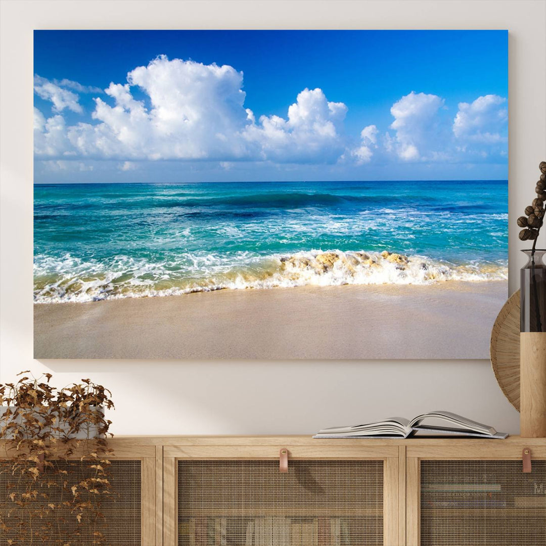 Tropical Beach 3-Panel Canvas Wall Art – Serene Ocean Waves and Blue Sky – Giclée Print for Living Room, Office, or Bedroom Coastal Decor