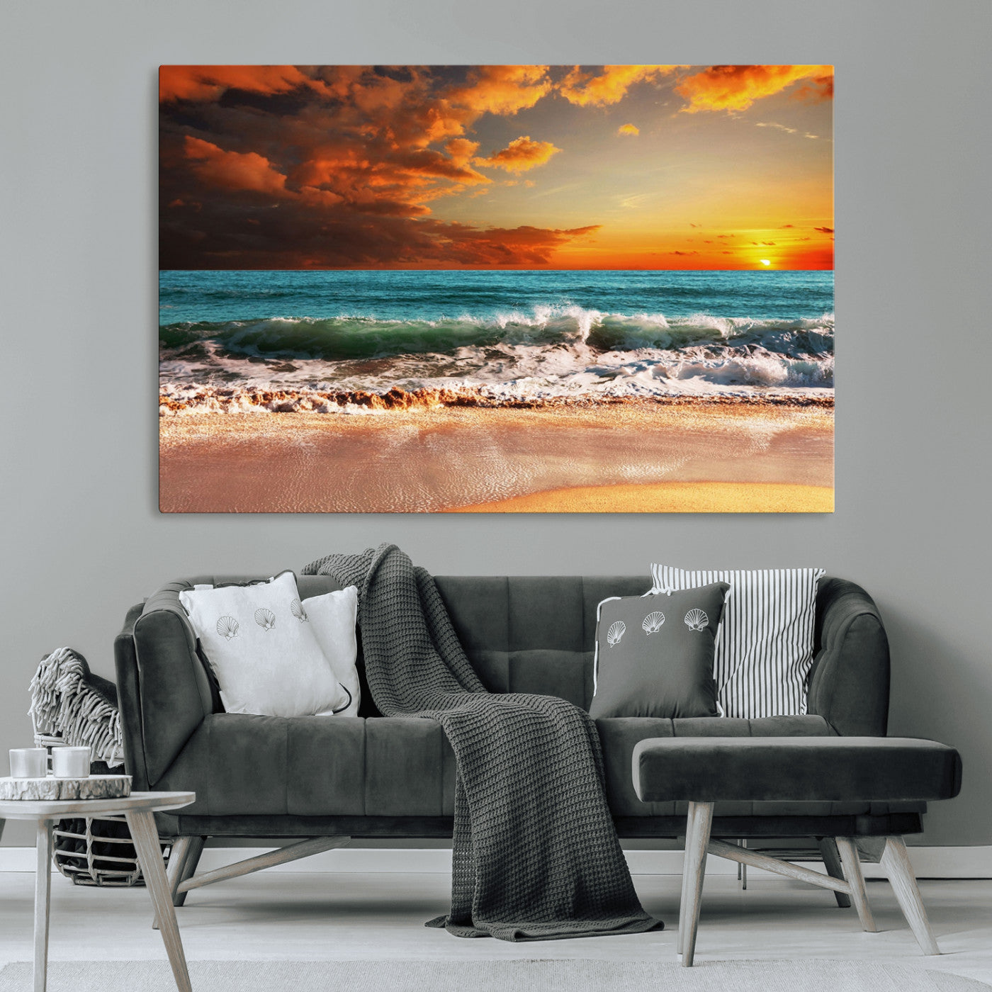 MGV-CV-36X24 - Golden Sunset Beach Canvas Wall Art – Triptych Seascape Print – Framed and Ready to Hang for Living Room or Office