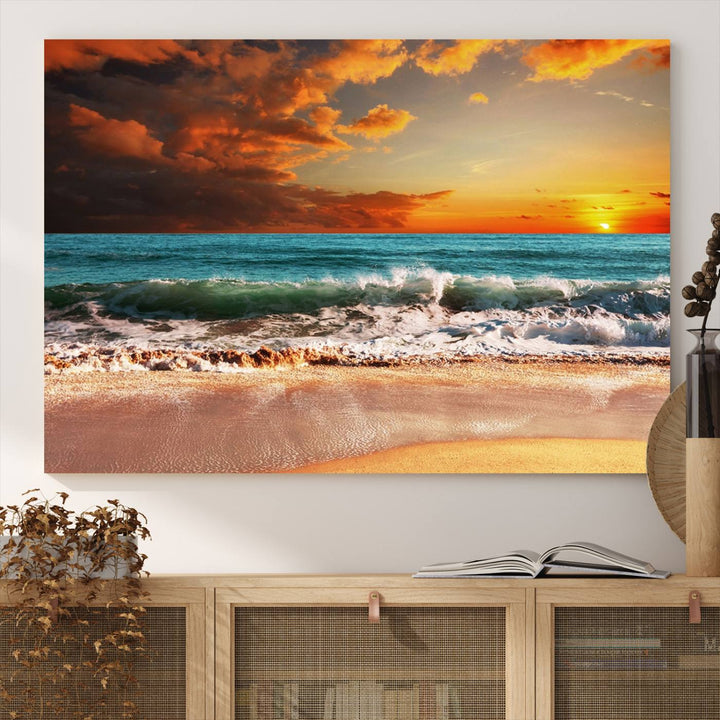 A Golden Sunset Beach triptych seascape canvas hangs on the wall.