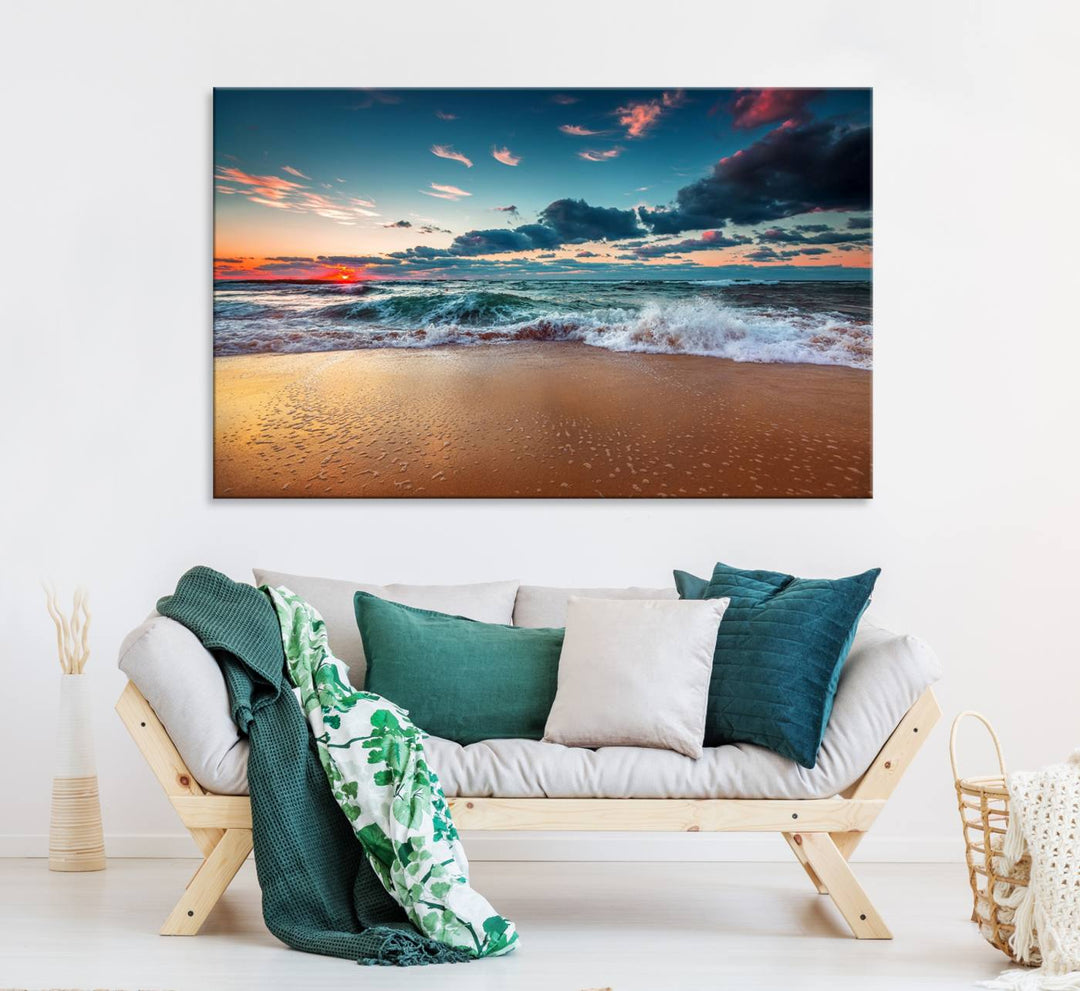 Sunset on Beach Wall Art: Waves under a vibrant sky. Crafted on museum-quality canvas, ready to hang and admire.