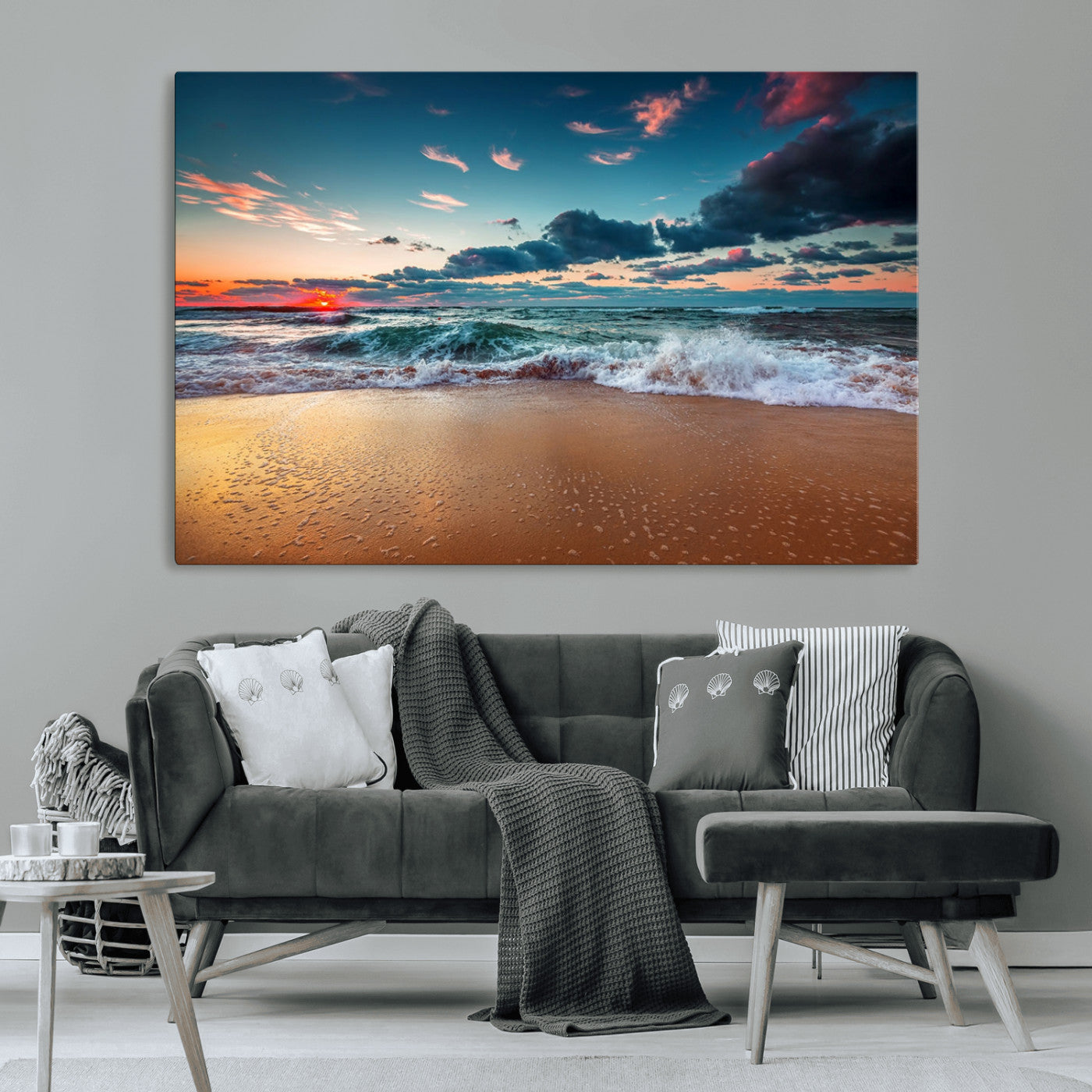 MGV-CV-36X24 - Sunset Ocean Beach Wall Art – Giclee Canvas Print, Coastal Seascape, Ready to Hang, Beach Decor, Large 3-Panel Set for Living Room