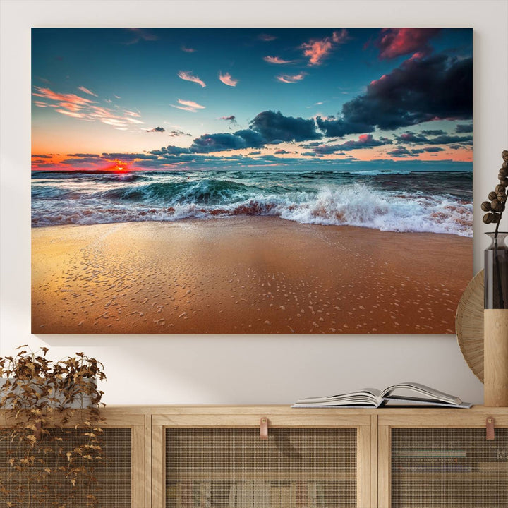 A large 3-panel sunset ocean beach canvas is displayed above the counter.