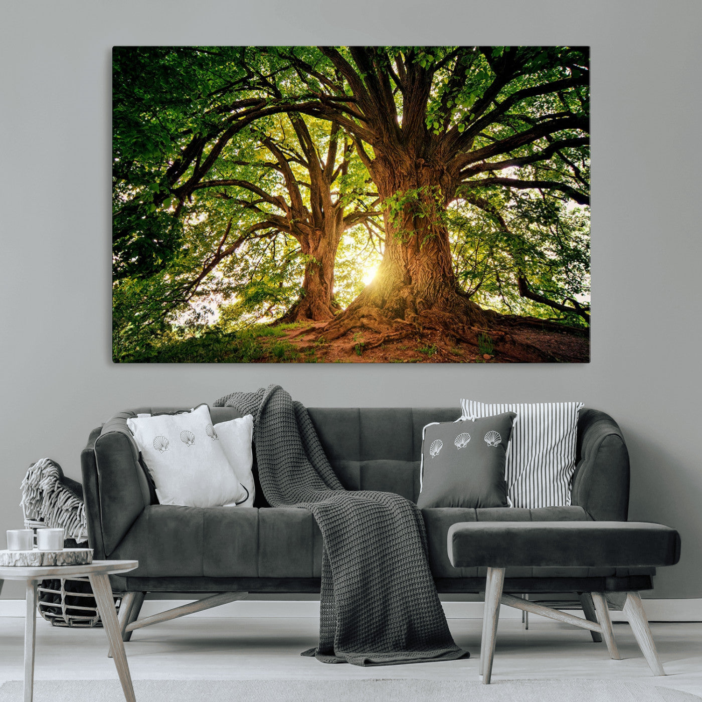 MGV-CV-36X24 - Majestic Ancient Tree Wall Art, Nature-Inspired Canvas Print, Woodland Art, Tree of Life Artwork, Sunlit Forest, Giclee Nature Print