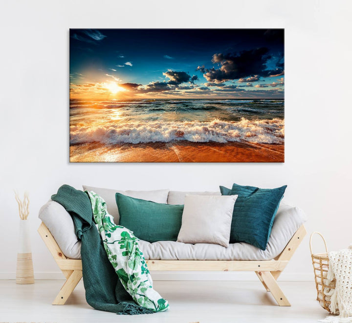 Golden Hour Sunset Over Ocean Waves Canvas: 3-Panel Coastal Landscape Art with Stunning Beach Photography Print.