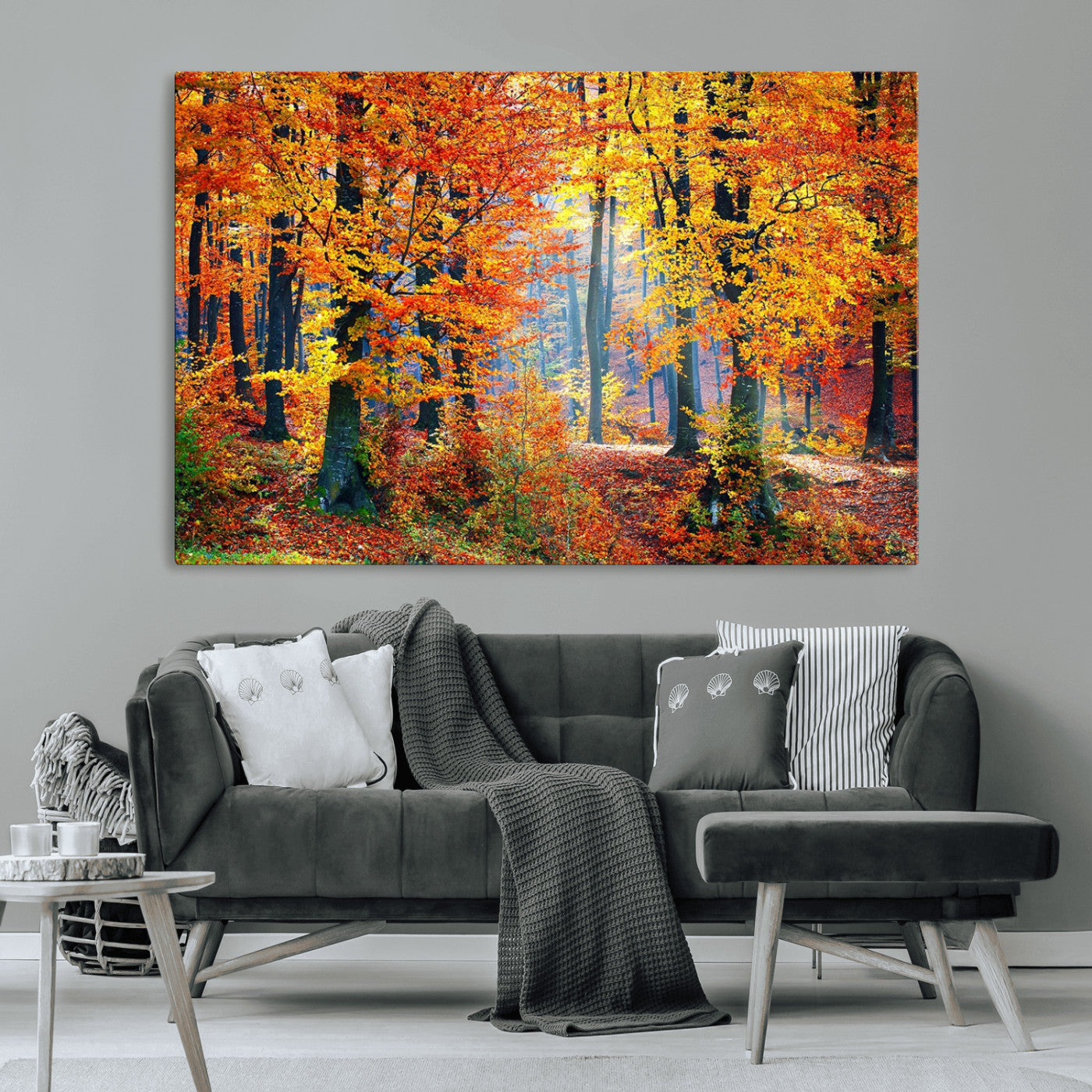 MGV-CV-36X24 - Autumn Red Forest Triptych Canvas Wall Art Print, Forest Wall Decor, Fall Landscape Art | Season Nature Landscape for Home or Office