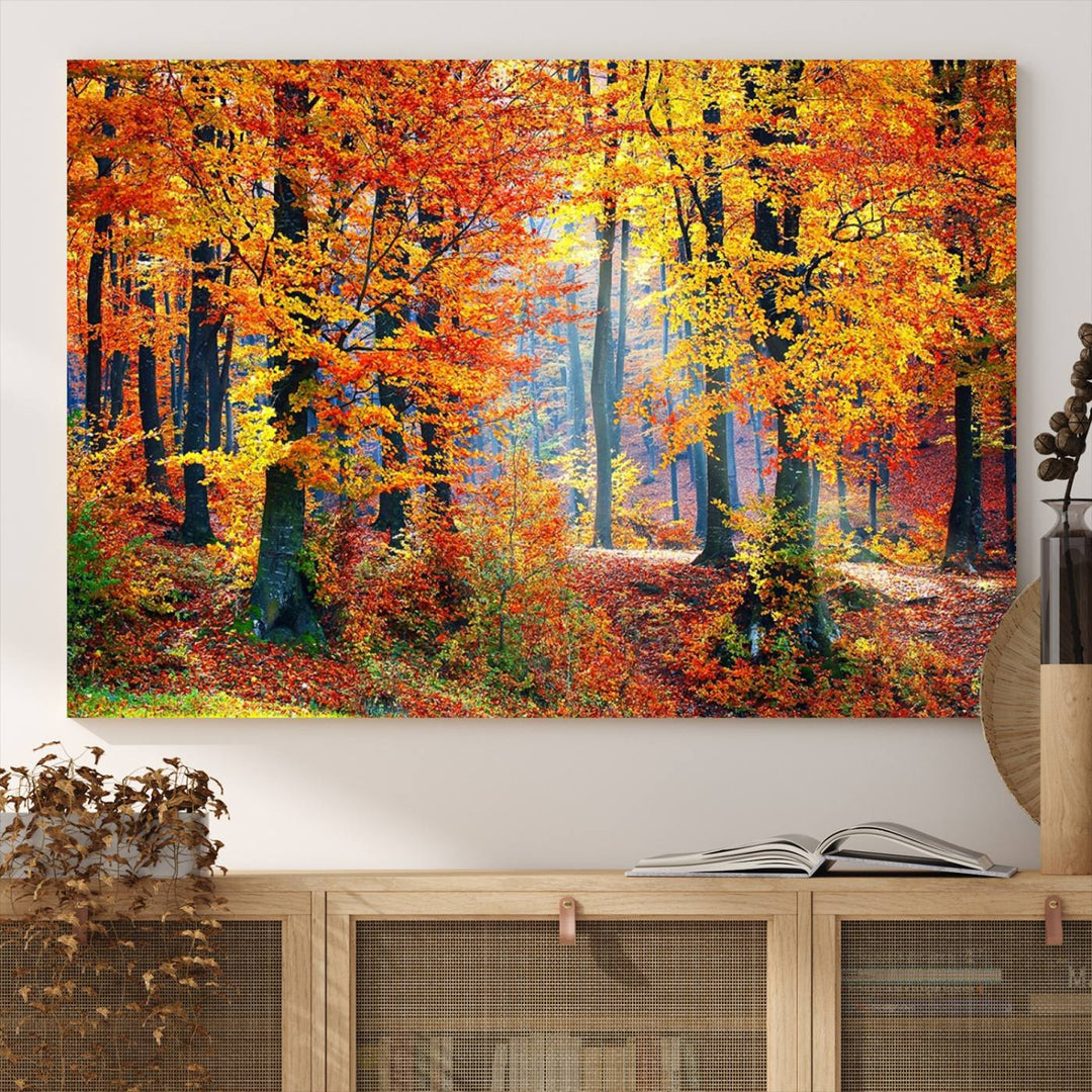 The room features an Autumn Red Forest Triptych Canvas Wall Art.