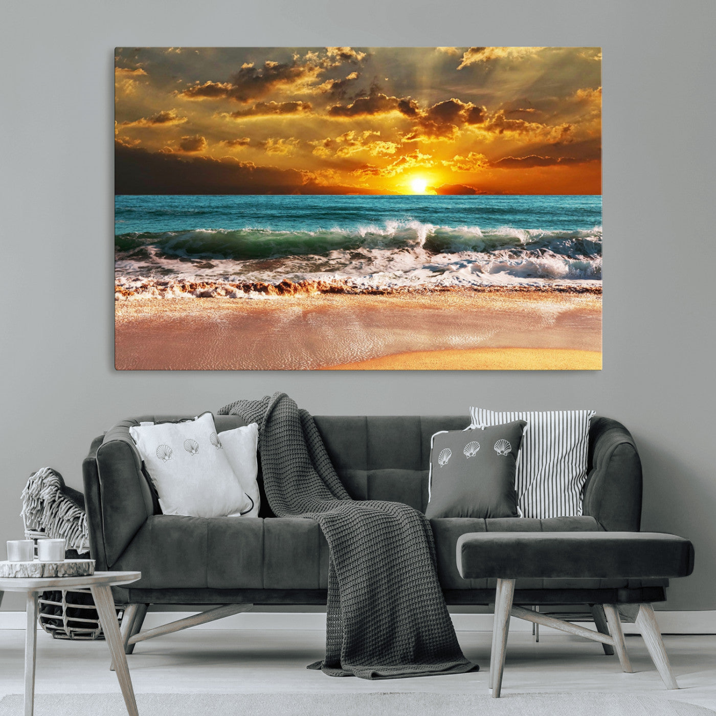 MGV-CV-36X24 - Golden Sunset Beach Canvas Wall Art – Triptych Seascape Print – Framed and Ready to Hang for Living Room or Office
