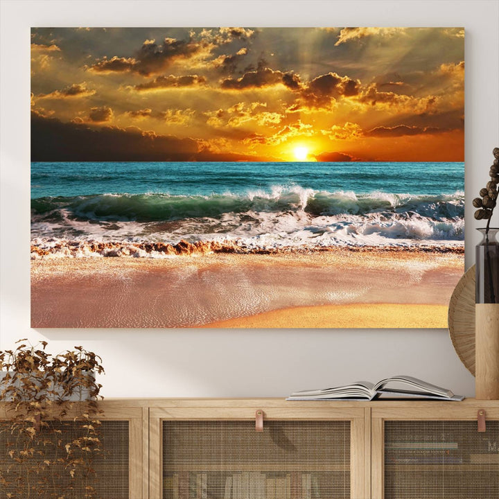 Golden Sunset Beach Canvas Triptych adorns the cozy room, creating a stunning focal point.