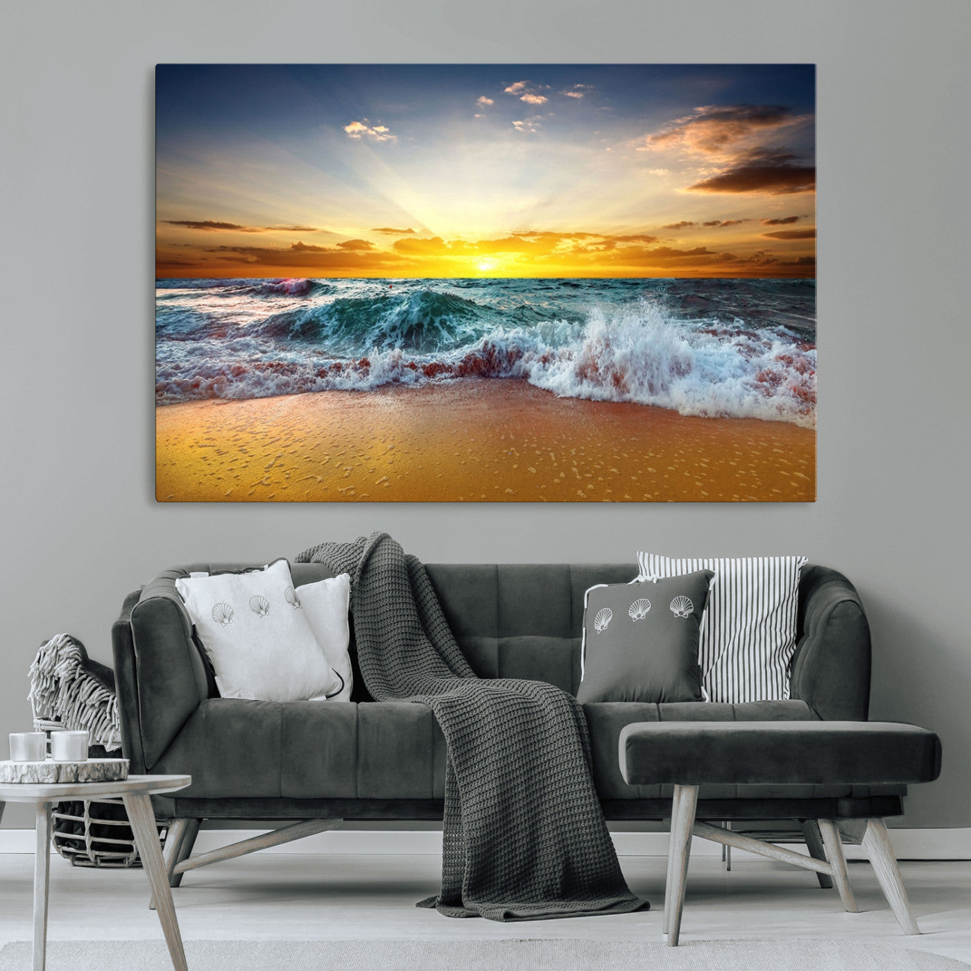 MGV-CV-36X24 - Golden Sunset Ocean Waves Wall Art Canvas Print – Multi Panel Beach Canvas Print Set – Large Coastal Triptych Print for Home or Farmhouse Decor