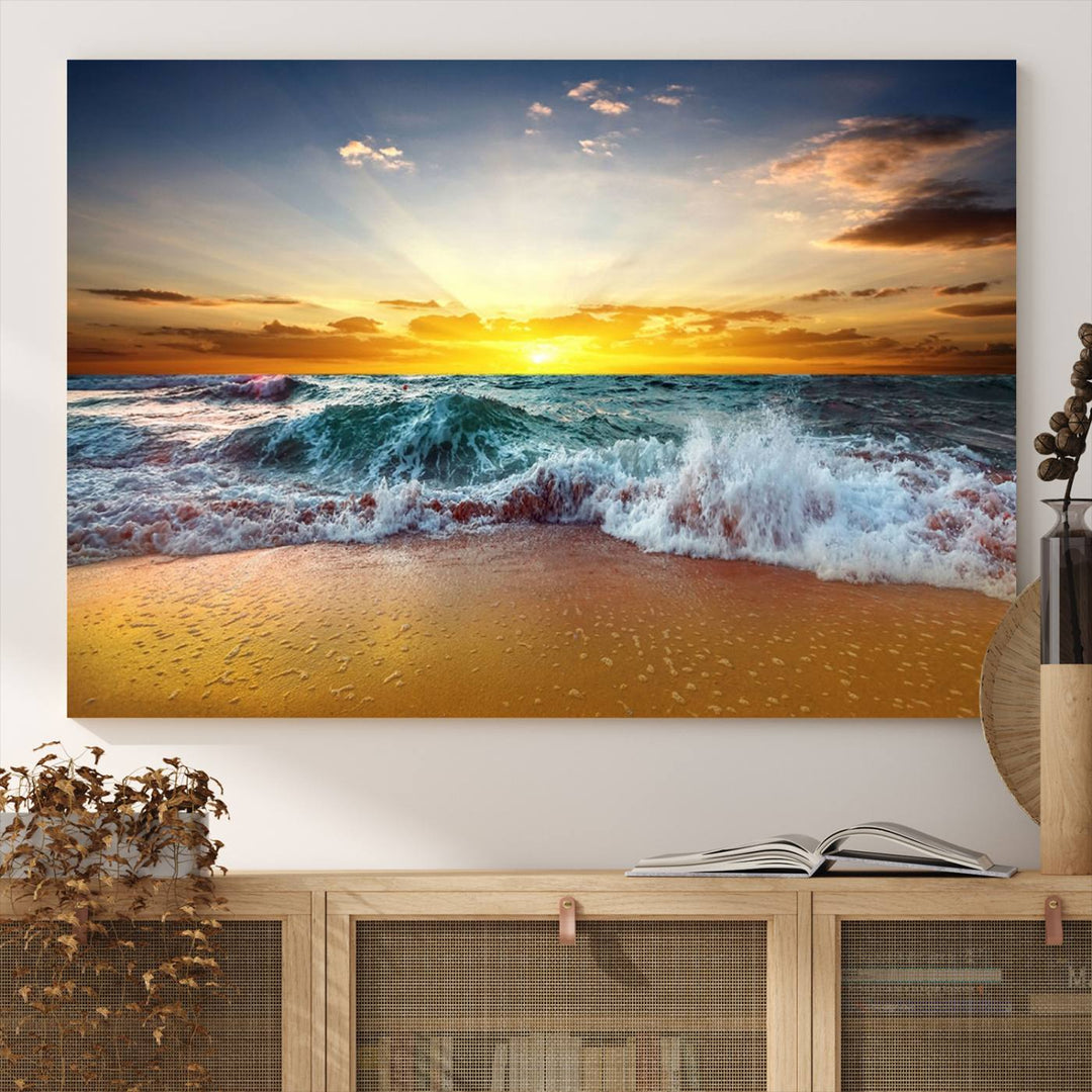 The kitchen features the Golden Sunset Ocean Waves multi-panel coastal wall art canvas.