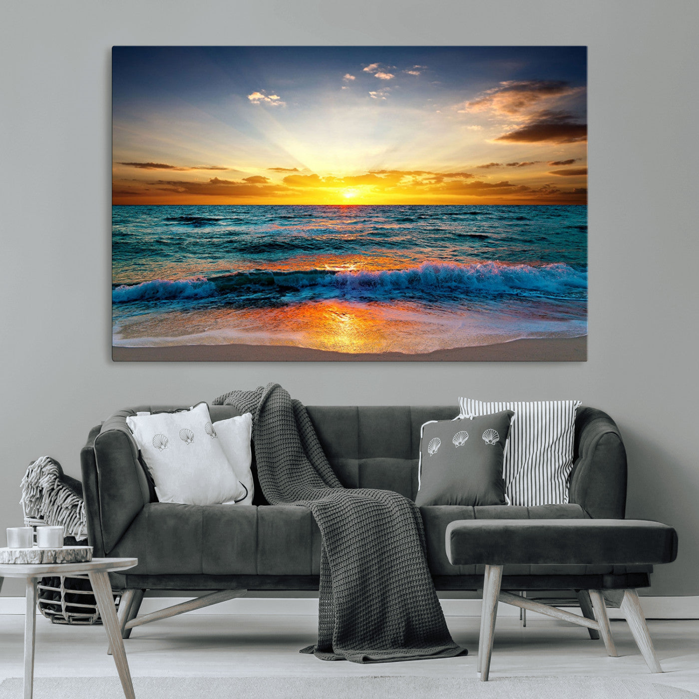 MGV-CV-36X24 - Vibrant Ocean Sunrise Over Golden Beach Waves, Giclee Canvas Wall Art Set, High-Quality Stretched Canvas Print, Ready to Hang Coastal Sunset Wall