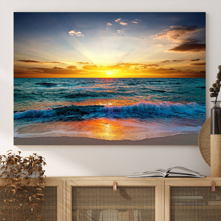 A kitchen dining area with coastal wall art.