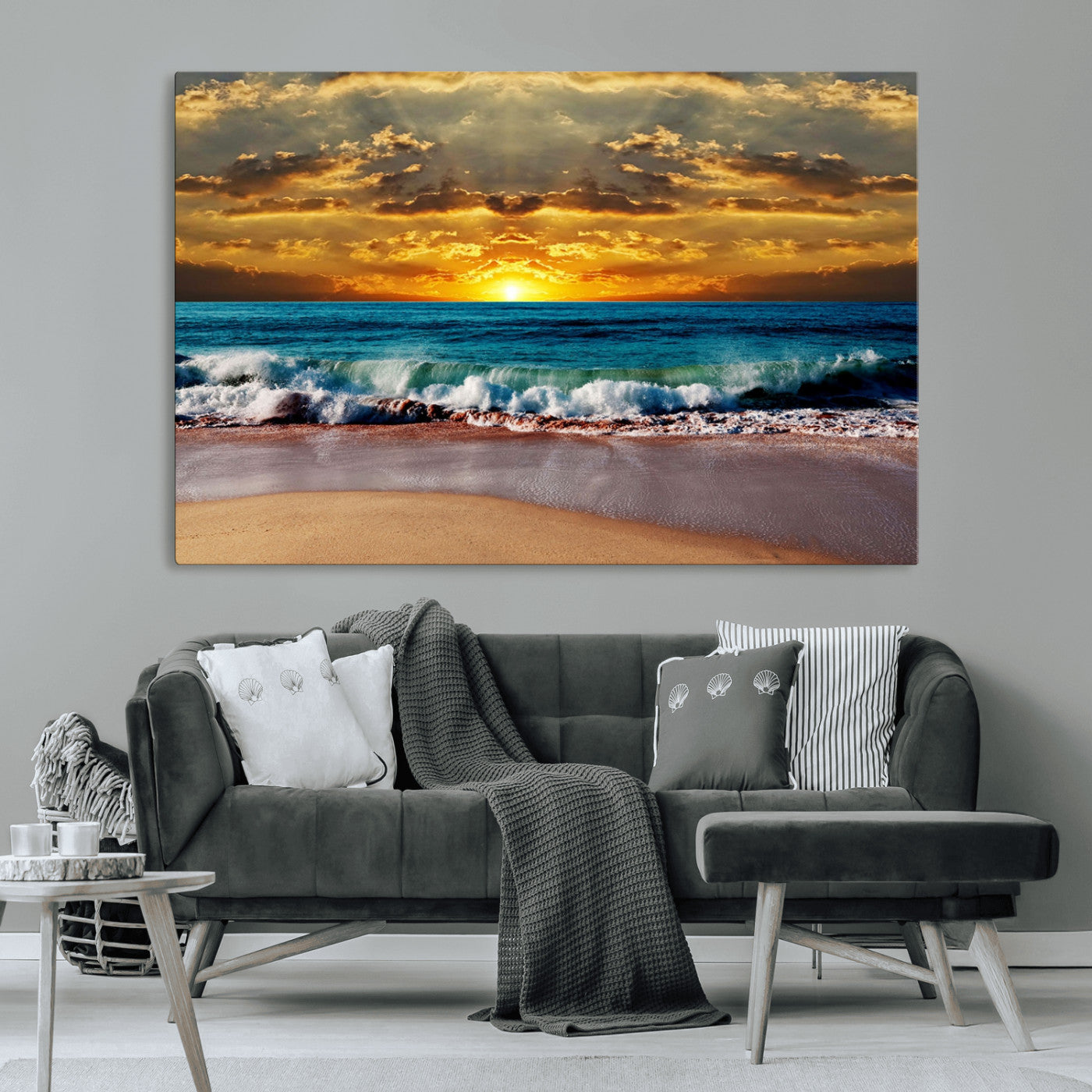 MGV-CV-36X24 - Ocean Sunrise Over Golden Beach Waves, Giclee Canvas Wall Art Set, High-Quality Stretched Canvas Print, Ready to Hang Coastal Sunset Wall Decor