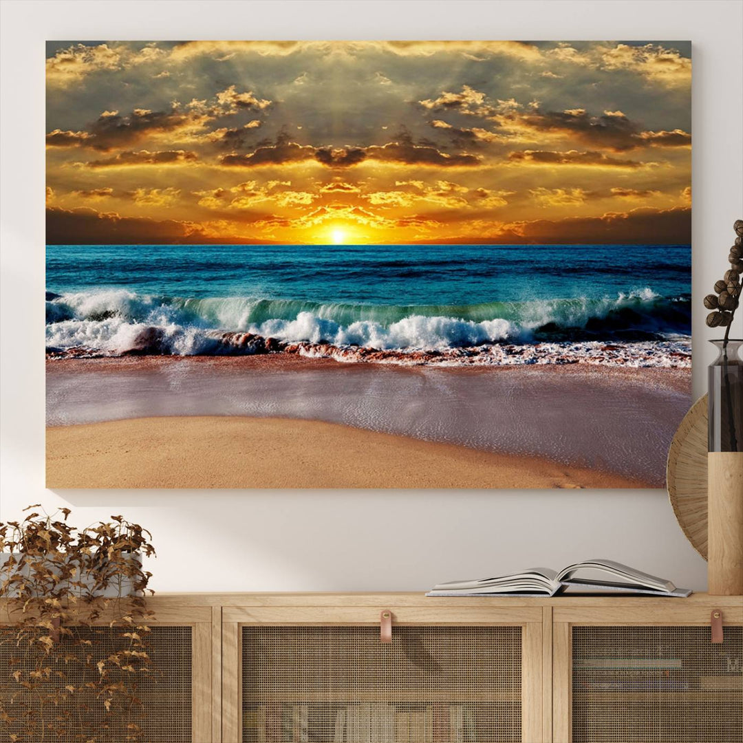 The Ocean Sunrise Over Golden Beach Waves wall art is prominently displayed, capturing the serene beauty of a beach at sunrise.