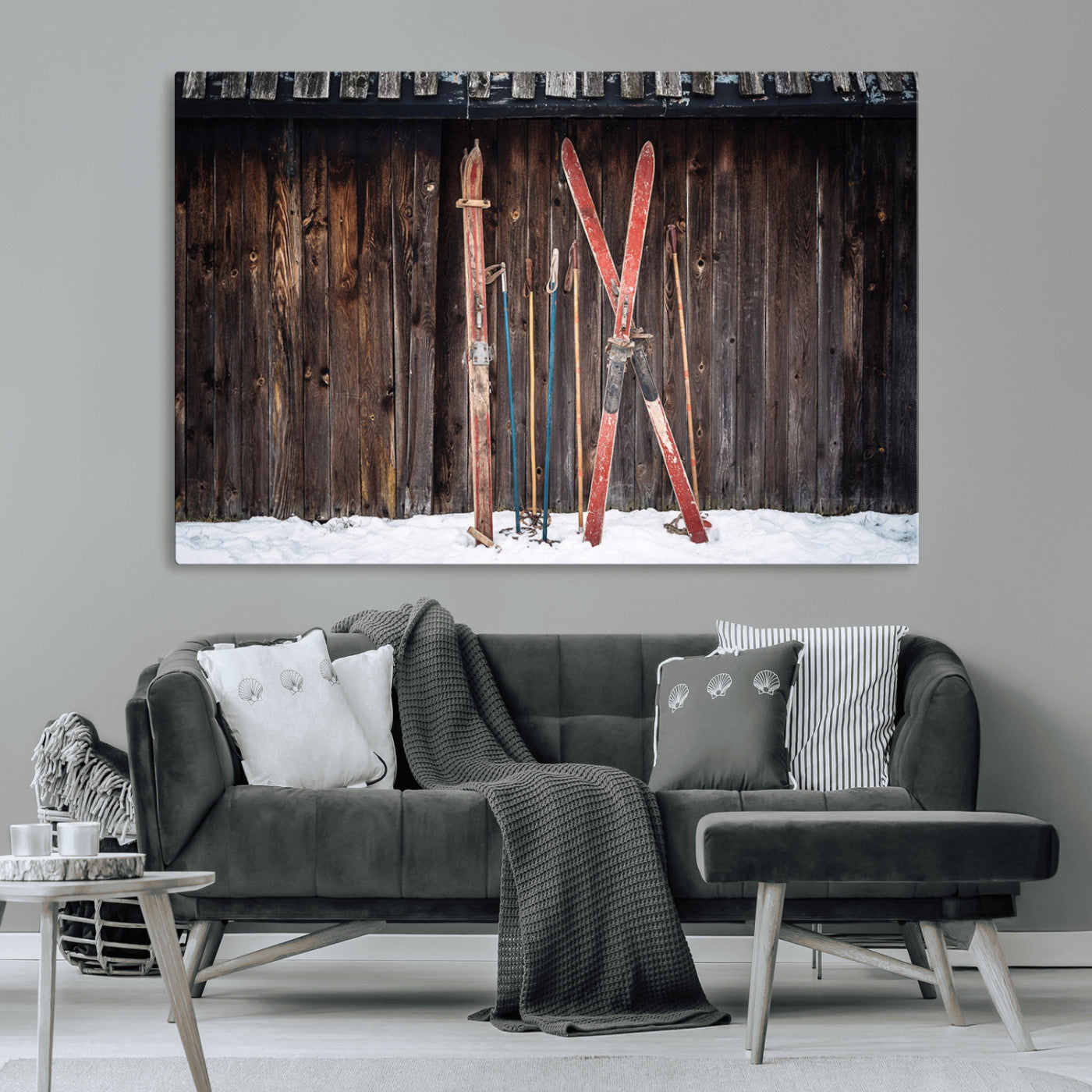 MGV-CV-36X24 - Vintage Ski Gear Against Wooden Cabin Wall, Rustic Winter Sports Equipment Canvas Print, Ready to Hang Wall Art, Perfect for Lodge or Ski Cabin Decor