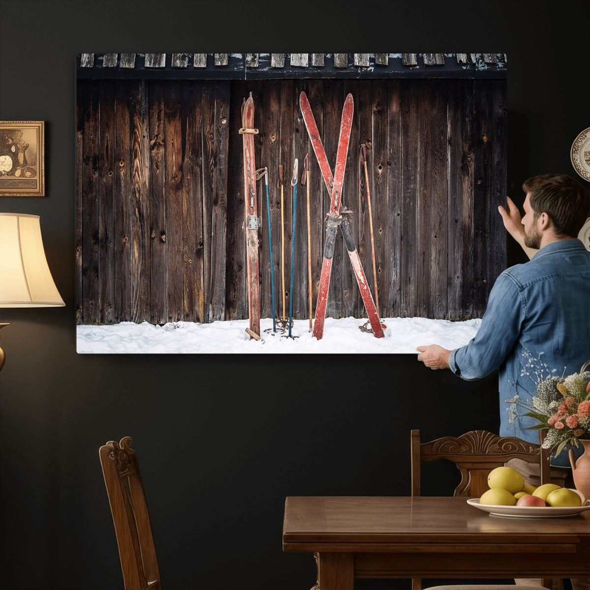 78590-MGV-CV-36X24 - Vintage Ski Gear Canvas Print, Vintage Ski Gear Against Wooden Cabin Wall