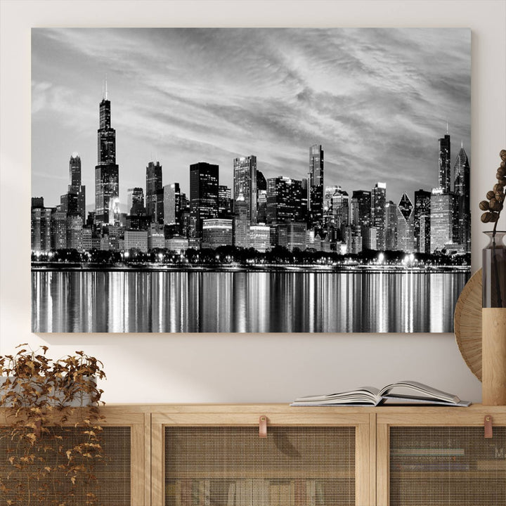 The Chicago City Cloudy Skyline Canvas Print hangs prominently.