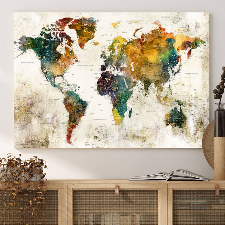 A 3-panel vintage world map canvas art is displayed.