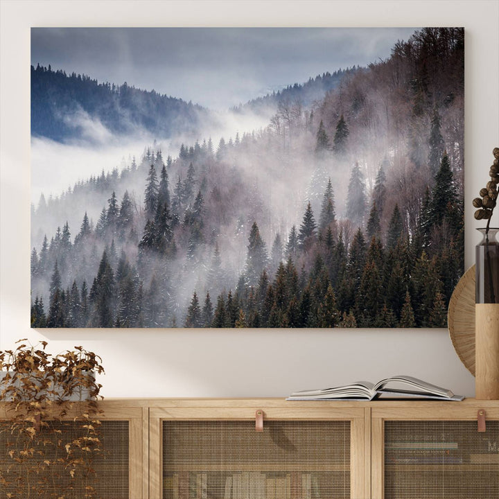 A museum-quality canvas of Beautiful Rising Fog in Winter Mountain Landscape hangs on the wall.