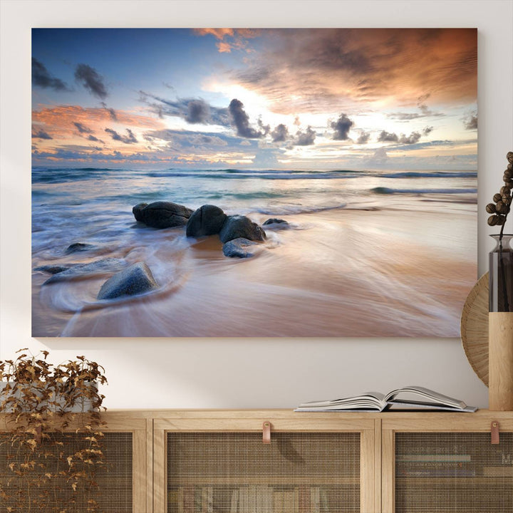 The Serene Weather On The Beach wall art canvas is ready to hang.