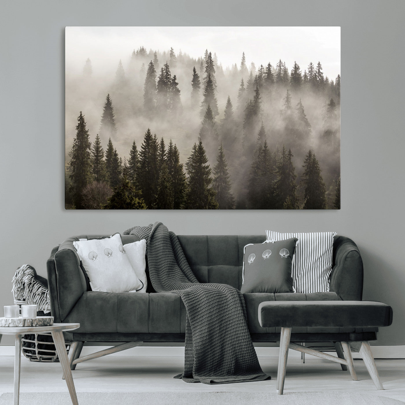 MGV-CV-36X24 - Foggy Mountain Wall Art | 3-Panel Foggy Forest and Mountain Landscape | Large Giclee Print for